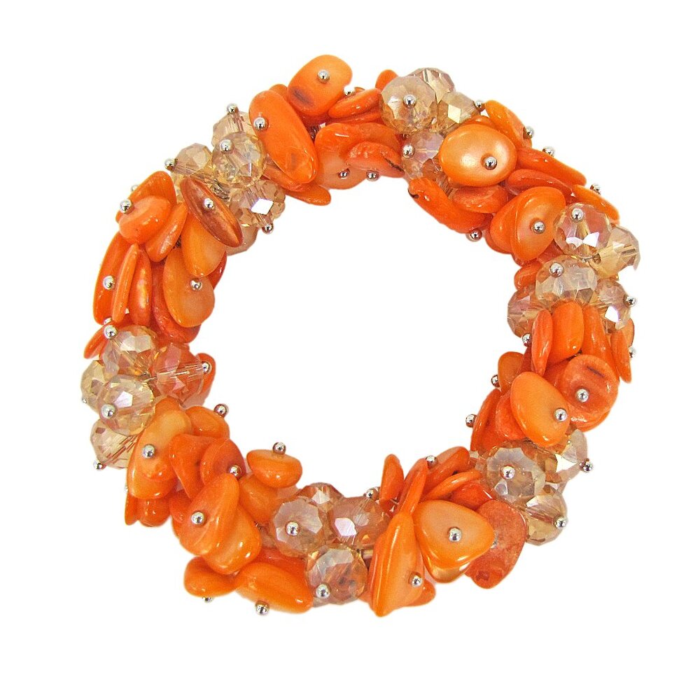 Orange Shell Chip Statement Bracelet Glass Beads Stretch Vibrant Jewelry New